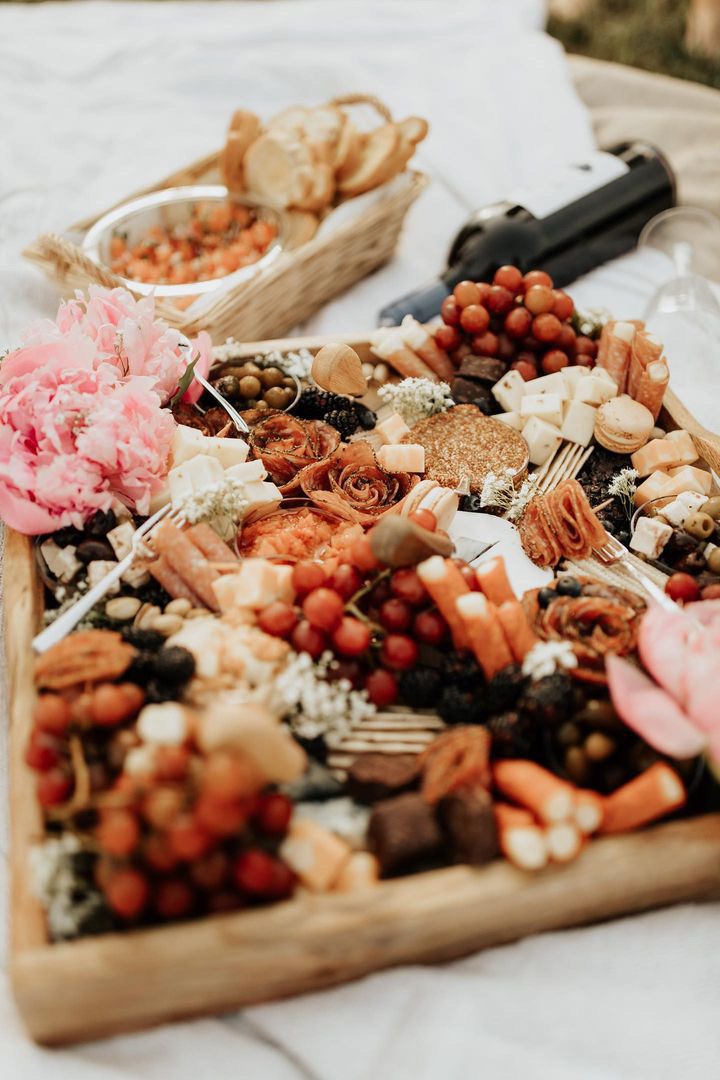Close up charcuterie board with peonies
