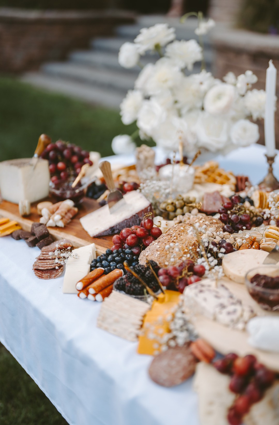 Elegant grazing table with white florals